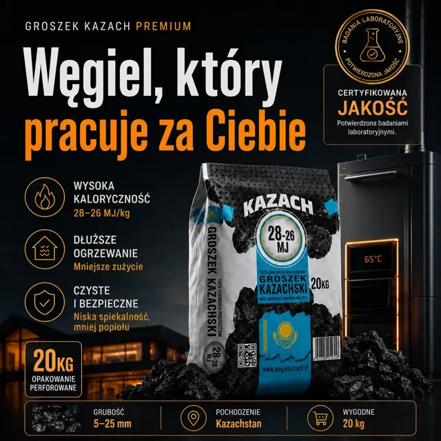 Groszek Kazach, worek 20 kg przy kotle, kaloryczność 28-26 MJ/kg i pochodzenie z Kazachstanu