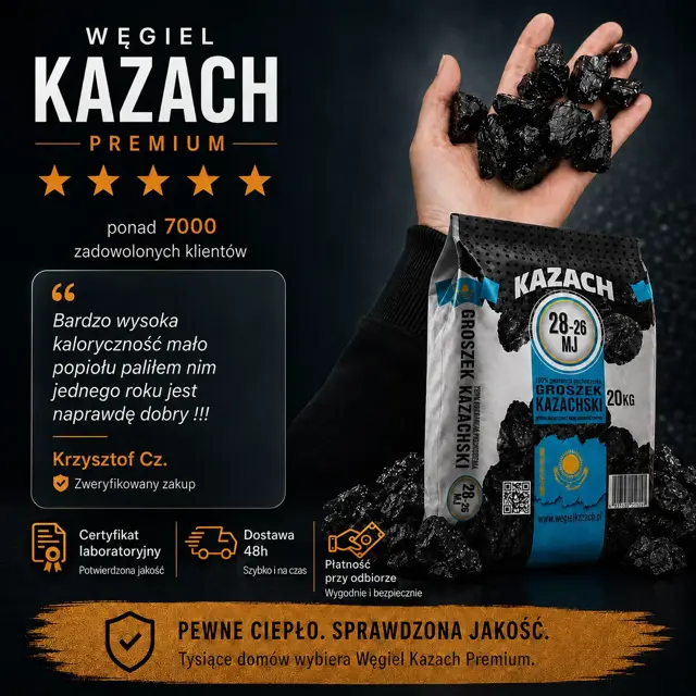 Groszek Kazach, opinia zweryfikowanego klienta i worek 20 kg z bryłkami węgla