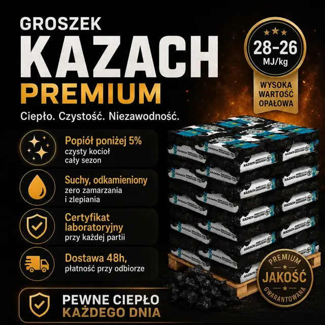 Groszek Kazach, paleta 1000 kg w workach 20 kg, popiół poniżej 5% i 28-26 MJ/kg